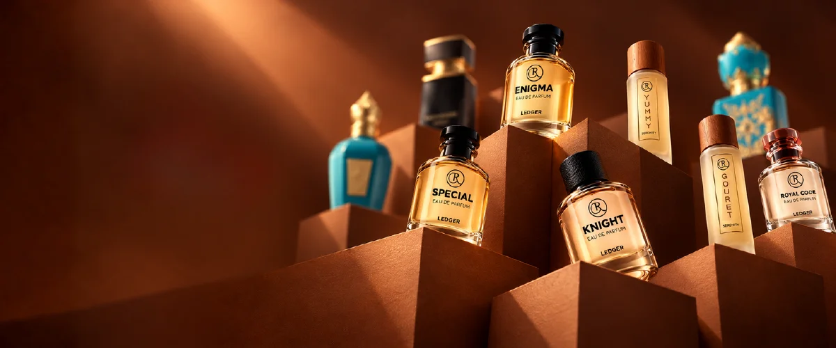 Rfaheya perfume collection displayed on warm brown podiums
